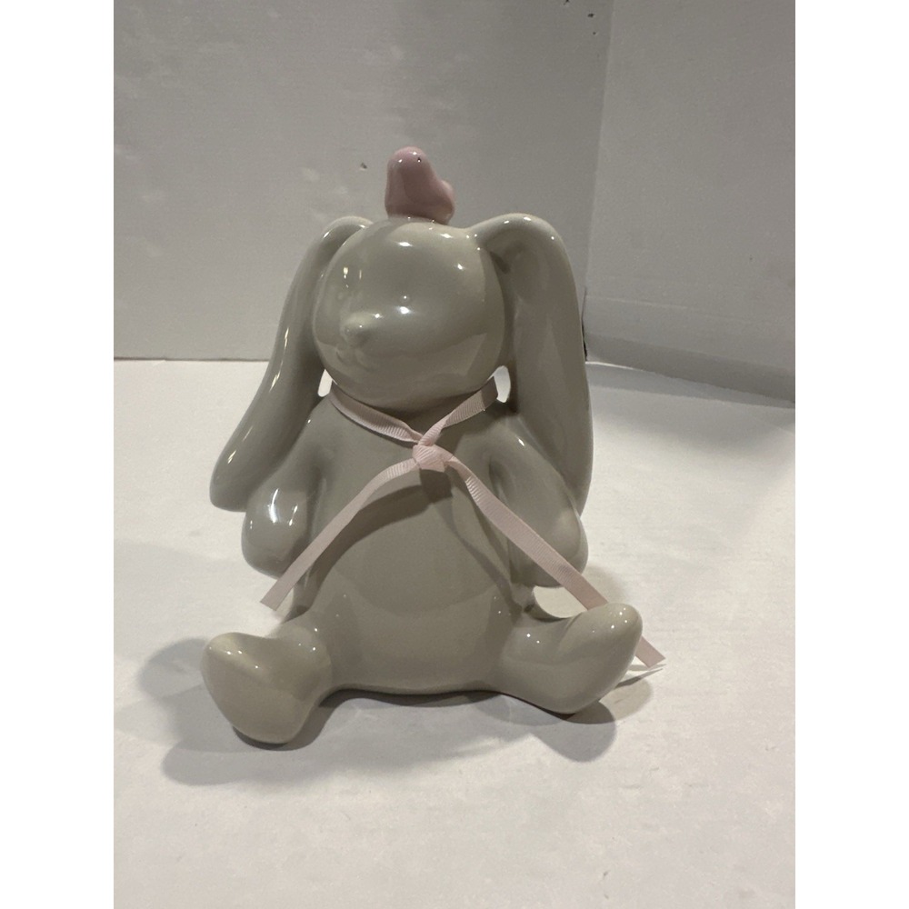 Pottery Barn Kids Bunny Rabbit Chick Bank Ceramic Nursery Figurine 7" Gray Pink
